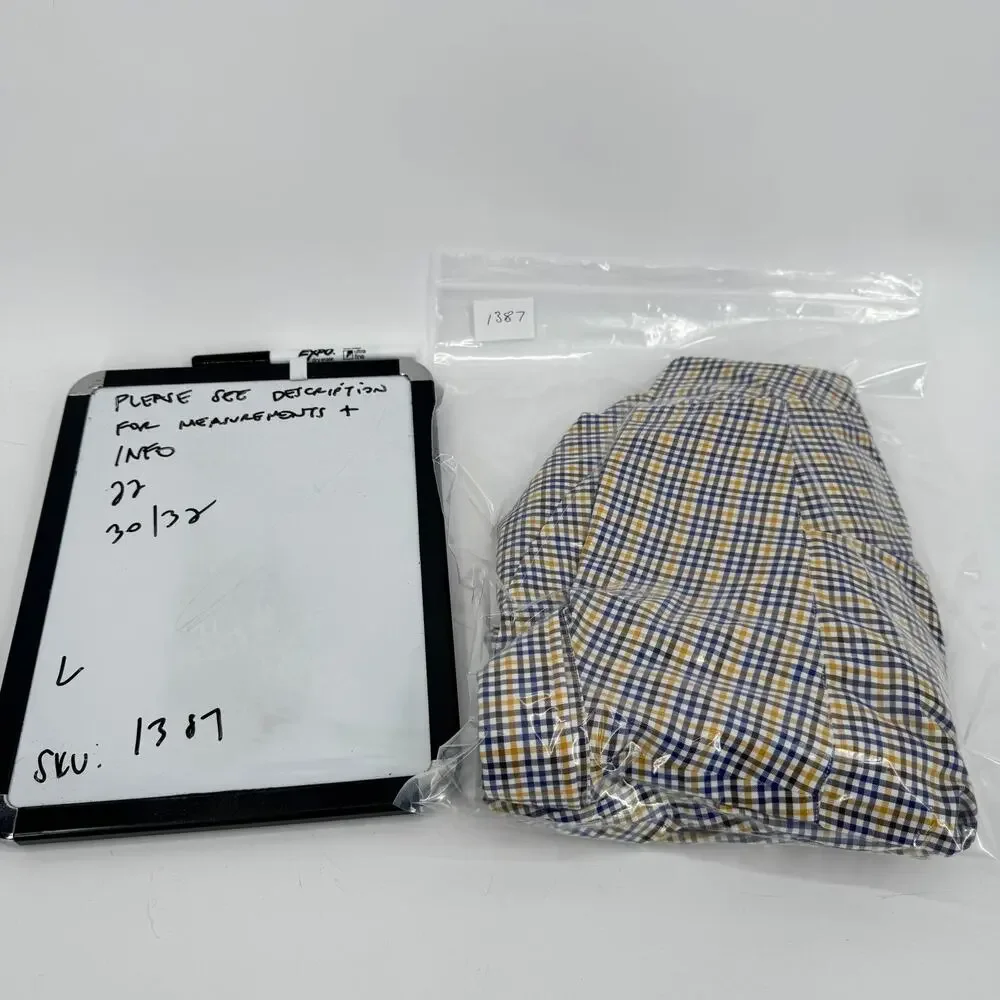 J McLaughlin Shirt Mens Large Button Down Blue Yellow Check Plaid Coastal Cotton